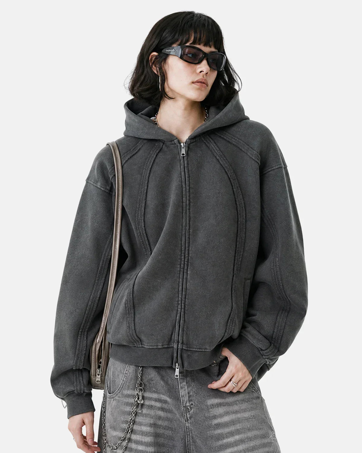 Snow Washed Raw Edge Boxy Zip Up Hoodie | Flation Streetwear