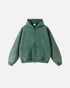 Flation Washed Distressed Fleece Zip Up Hoodies