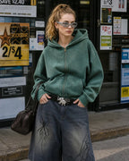 Flation Washed Distressed Fleece Zip Up Hoodies