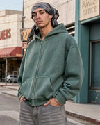 Flation Washed Distressed Fleece Zip Up Hoodies
