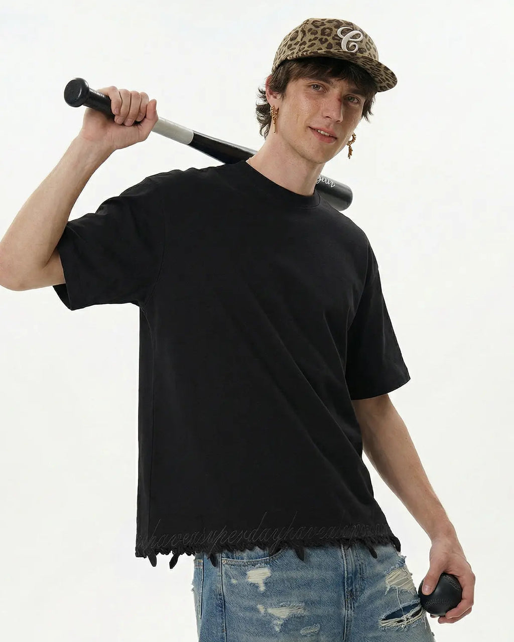 Embroidered Frayed Hem Oversized T-Shirt | Flation Streetwear