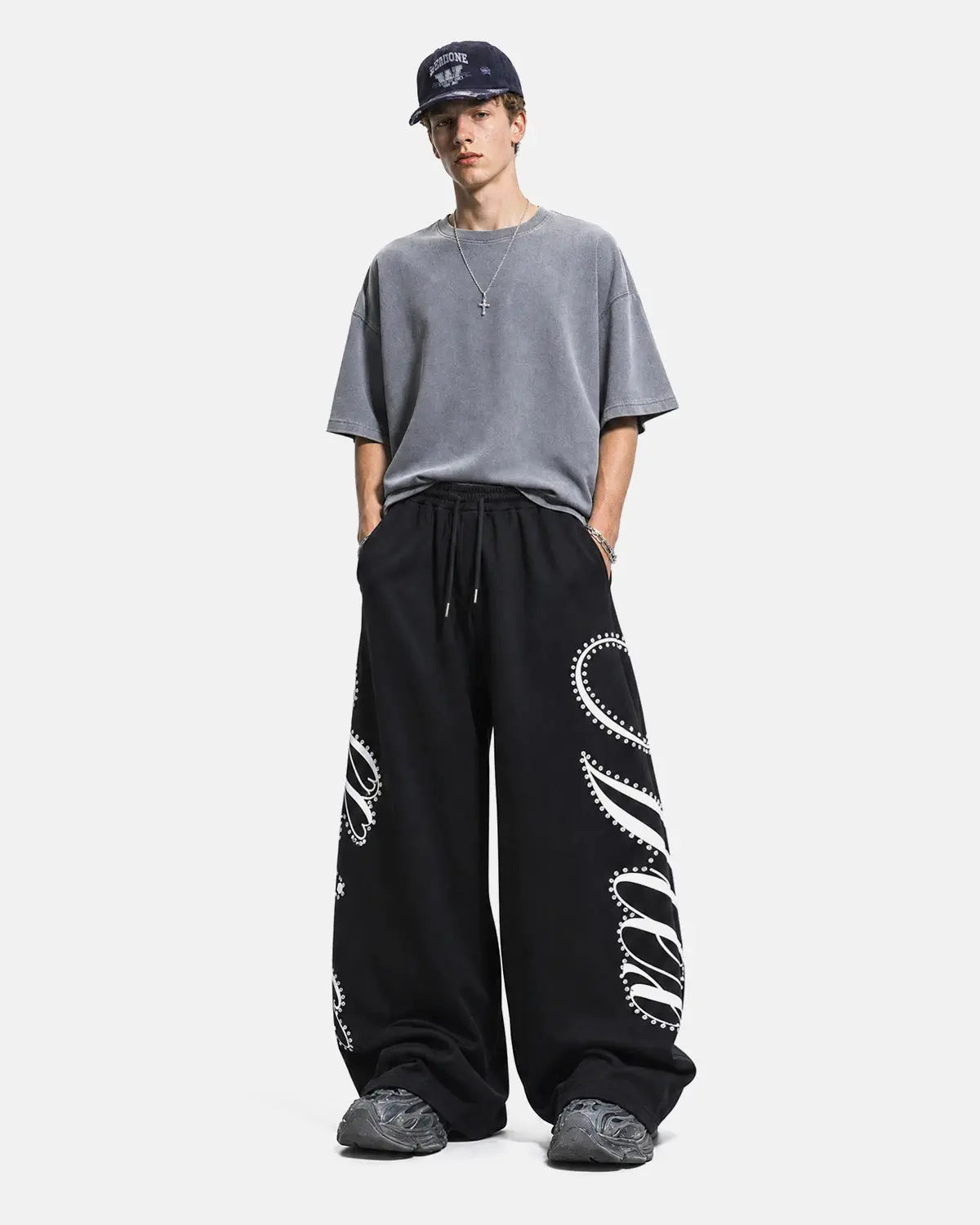 Rhinestone Script Baggy Sweatpants | Flation Streetwear