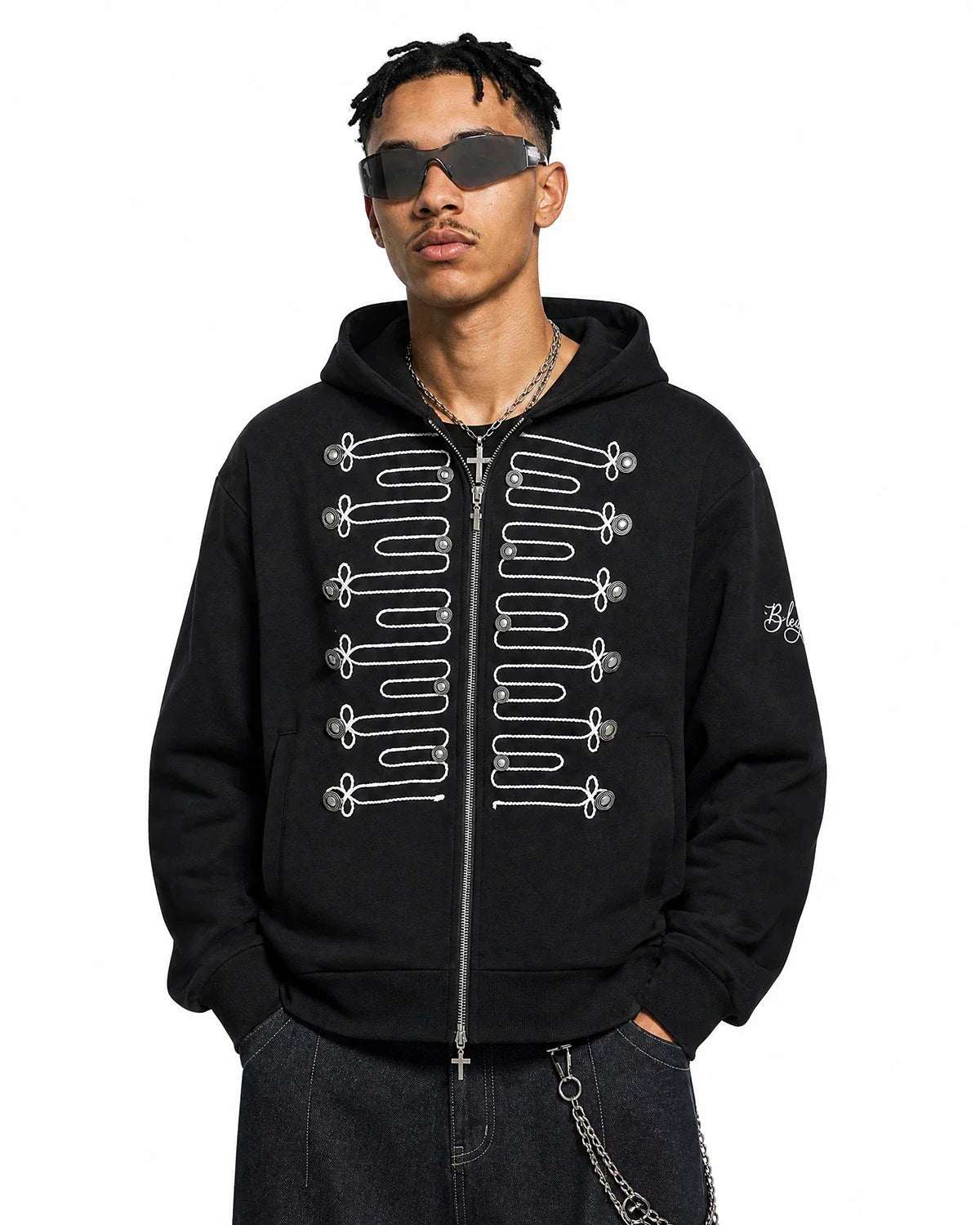 Braided Embroidery Boxy Zip Up Hoodie | Flation Streetwear