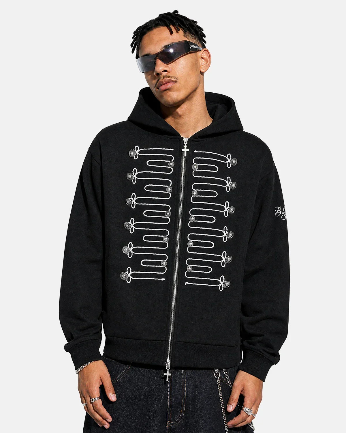 Braided Embroidery Boxy Zip Up Hoodie | Flation Streetwear