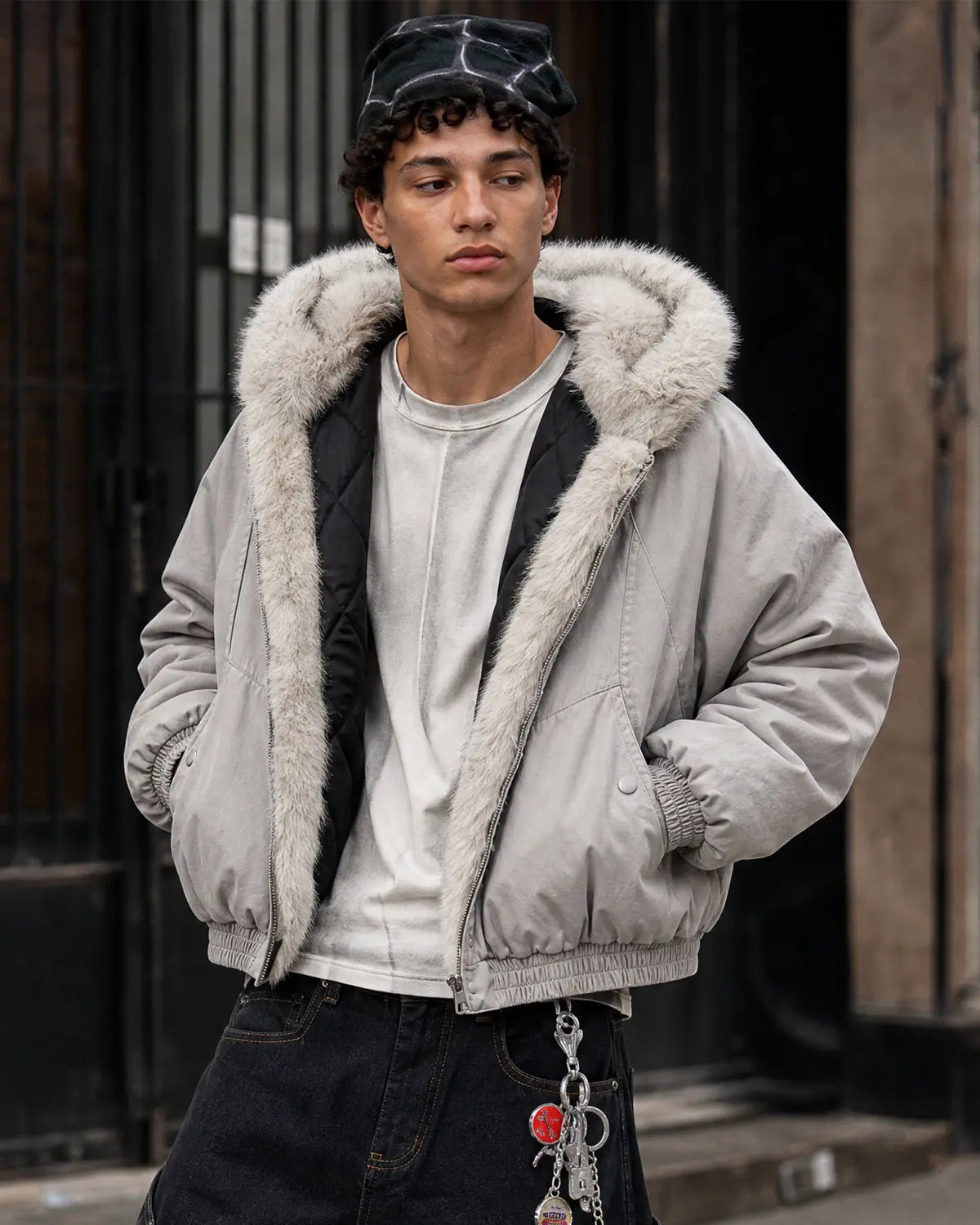 Faux Fur Lined Bomber Hooded Jacket | Flation Streetwear