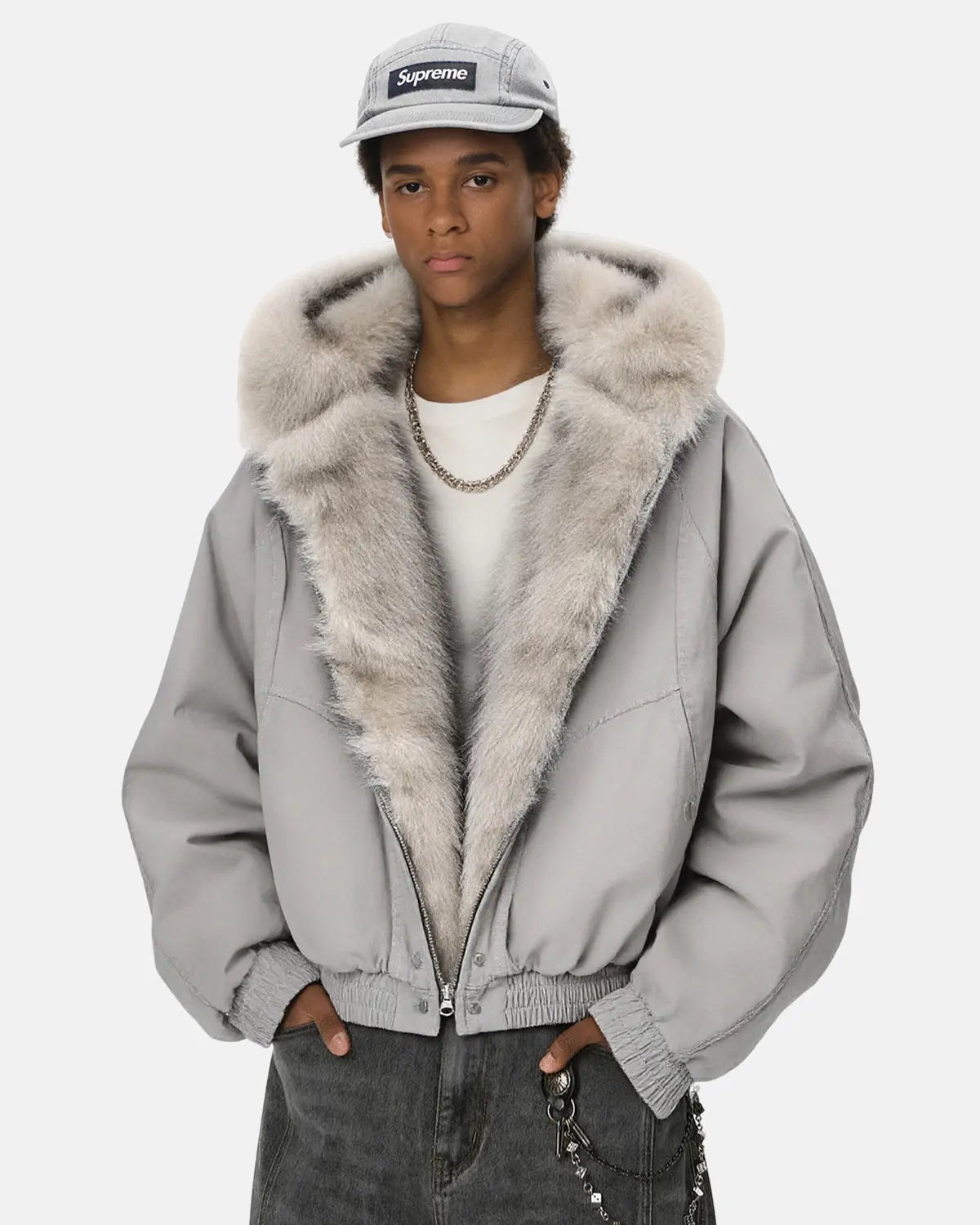 Faux Fur Lined Bomber Hooded Jacket | Flation Streetwear