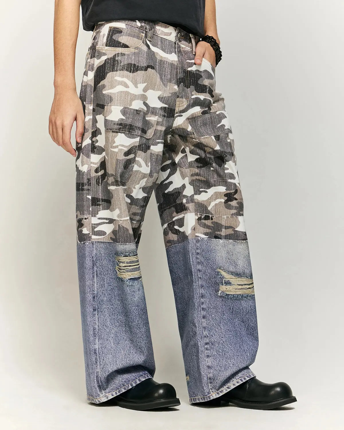 Patchwork Effect Print Baggy Jeans | Flation Streetwear