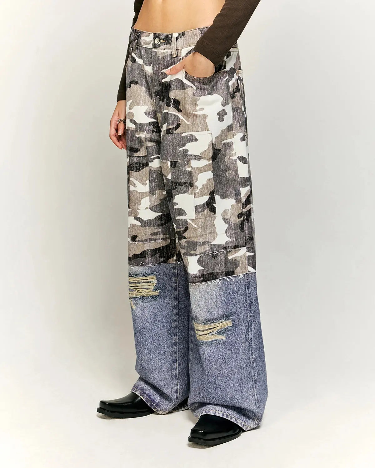 Patchwork Effect Print Baggy Jeans | Flation Streetwear