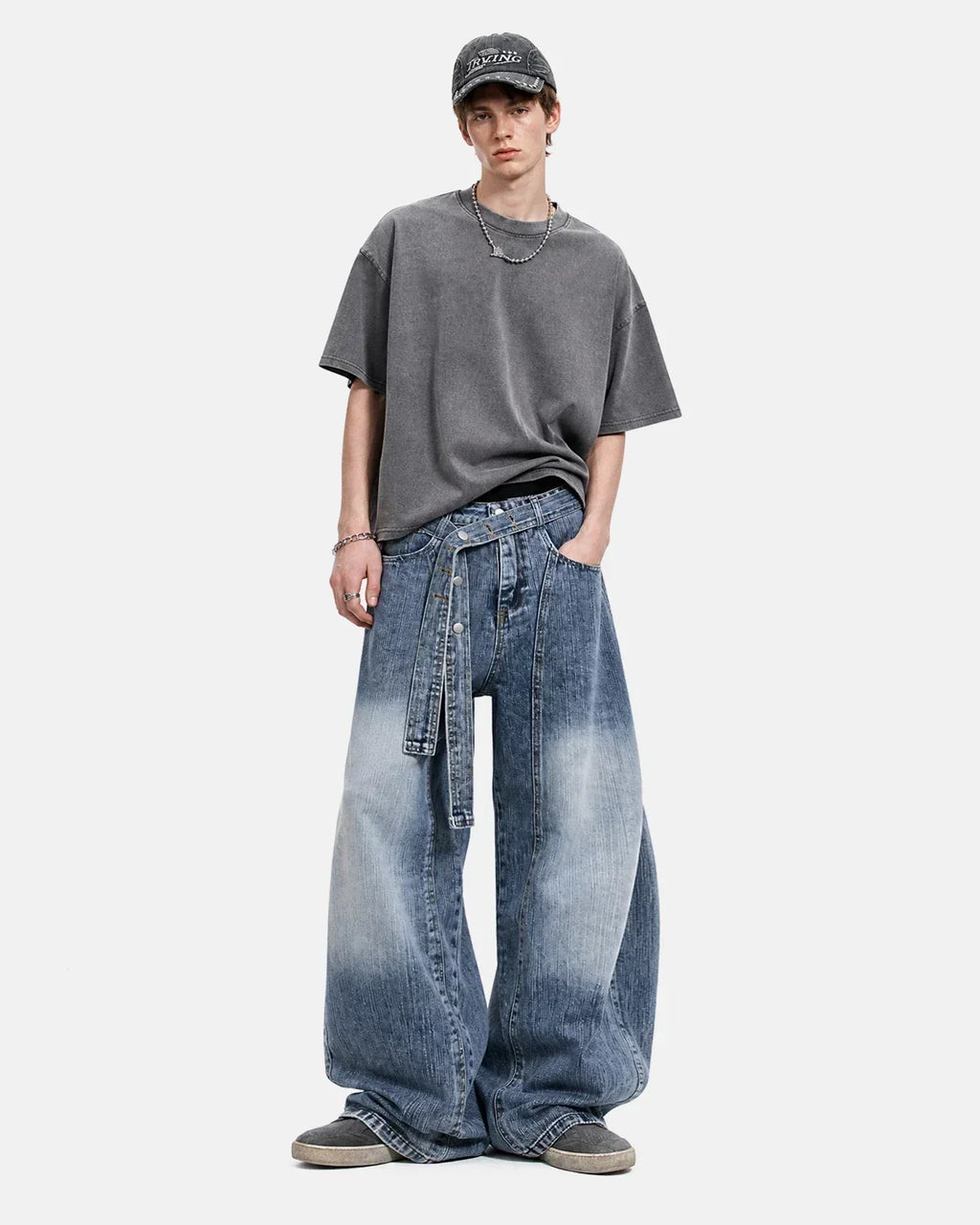 Belted Bamboo Weave Barrel Jeans | Flation Streetwear