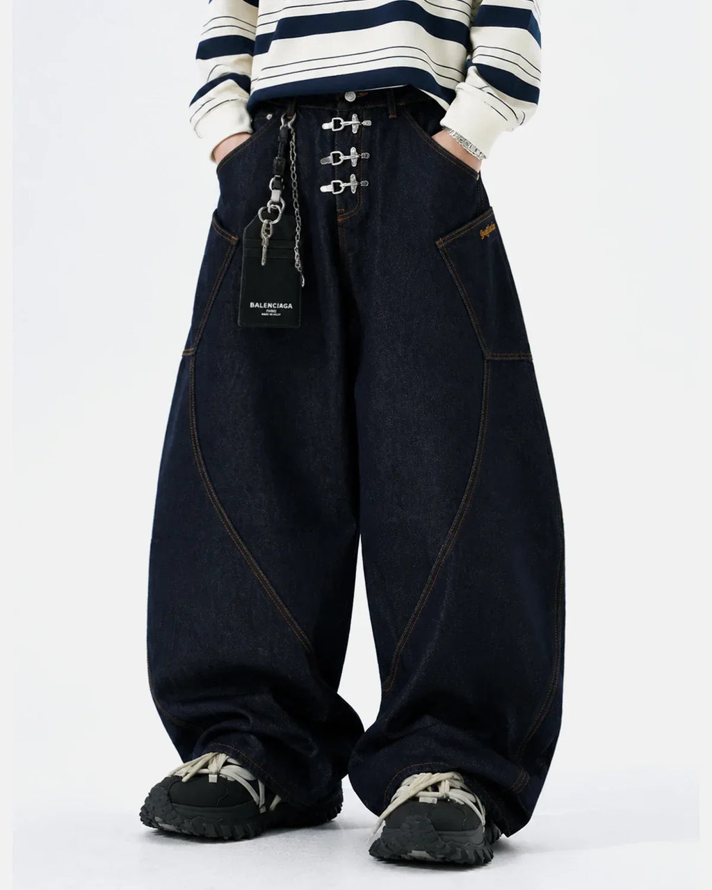 Metal Clasp Raw Barrel Jeans | Flation Streetwear