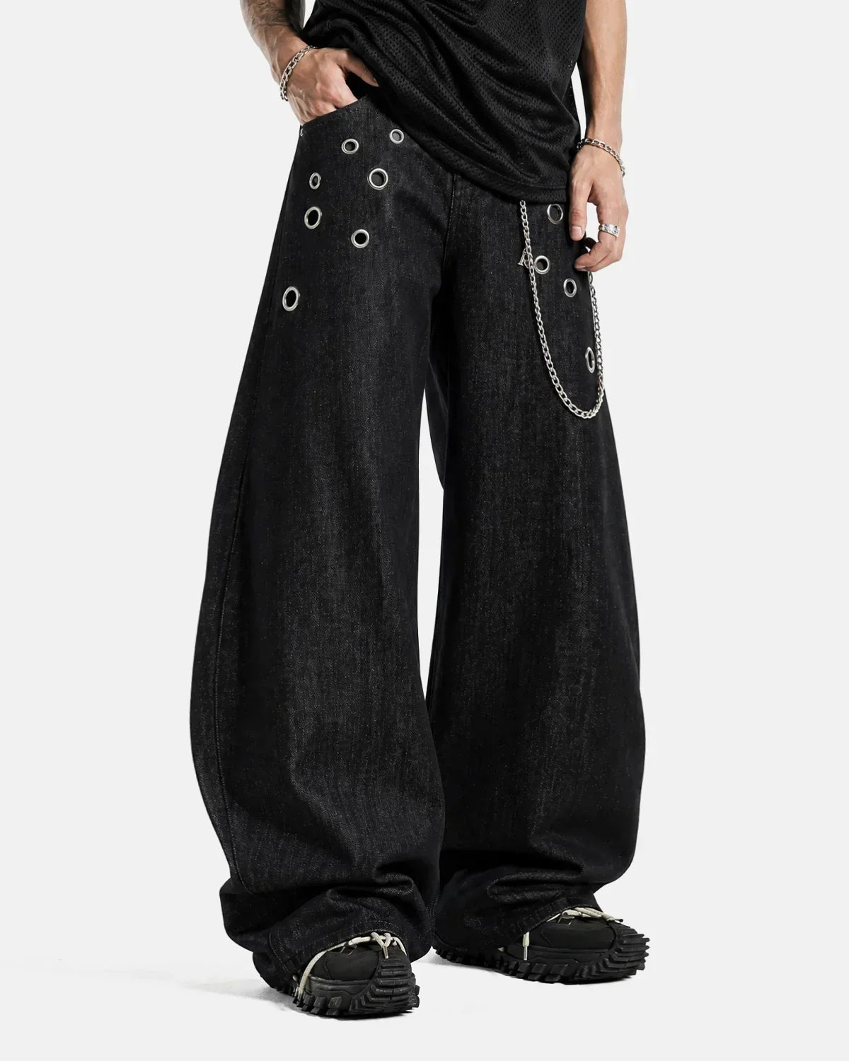 Metal Eyelet Chain Barrel Jeans | Flation Streetwear