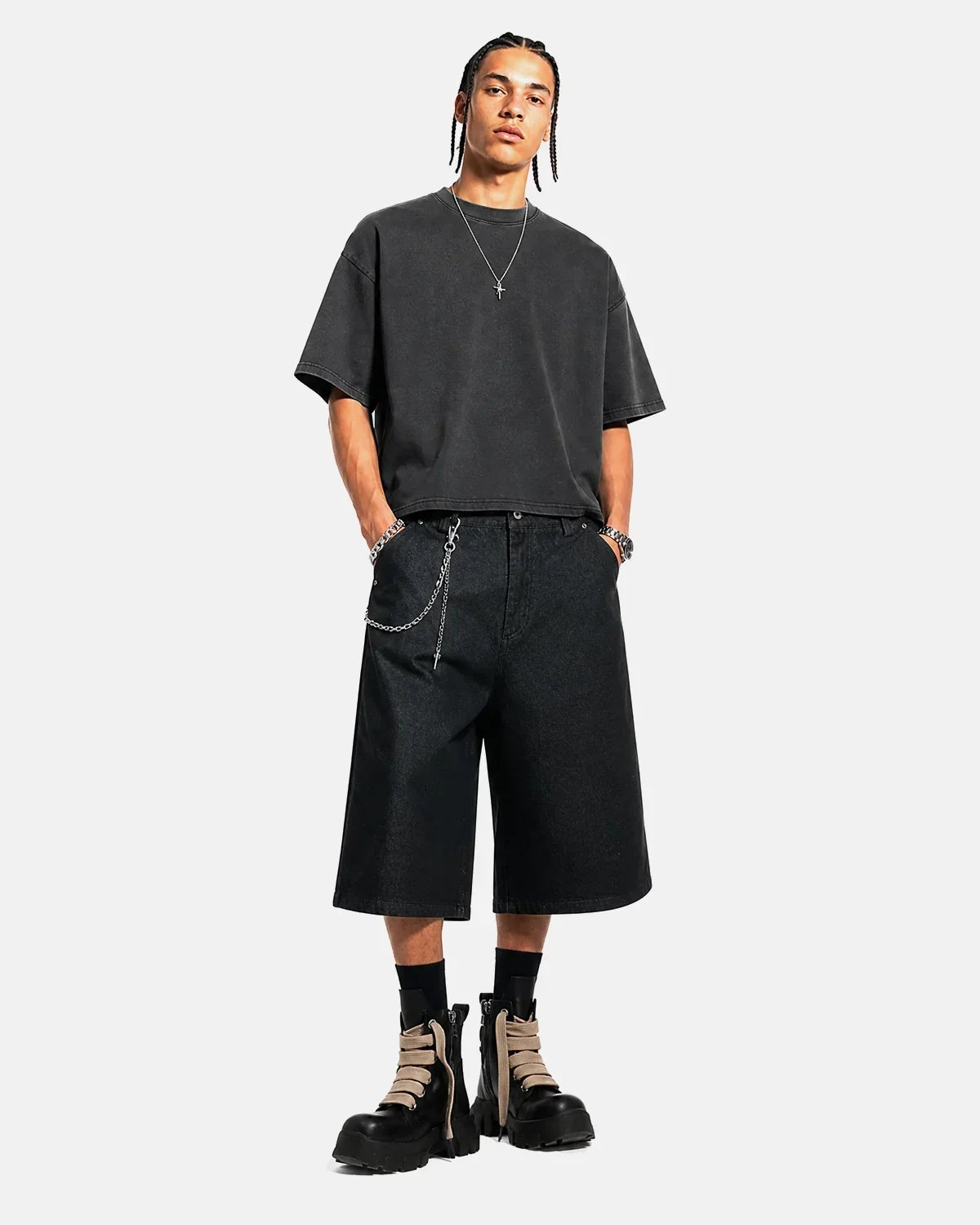 Black Baggy Long Jorts | Flation Streetwear