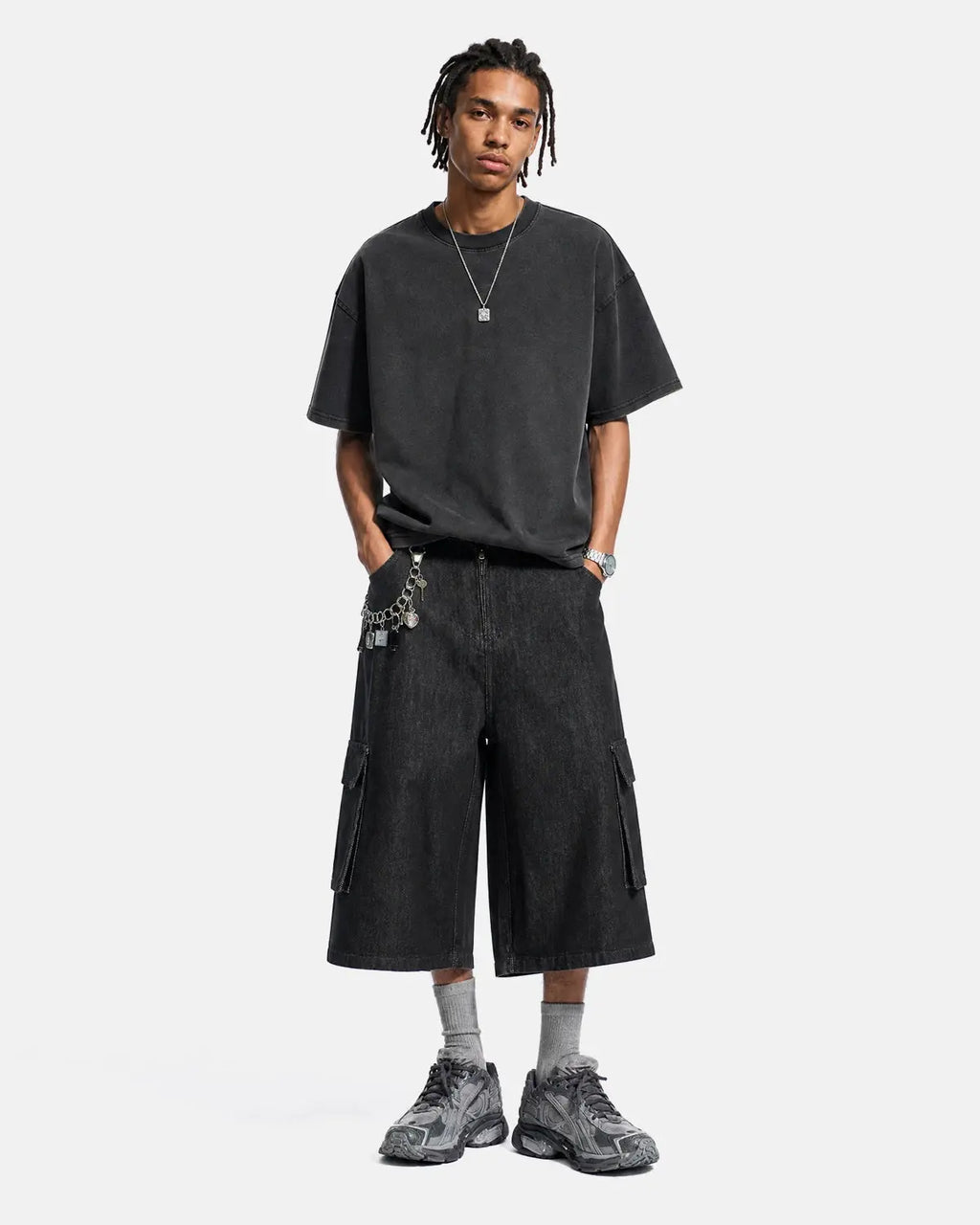 Black Cargo Longline Jorts | Flation Streetwear