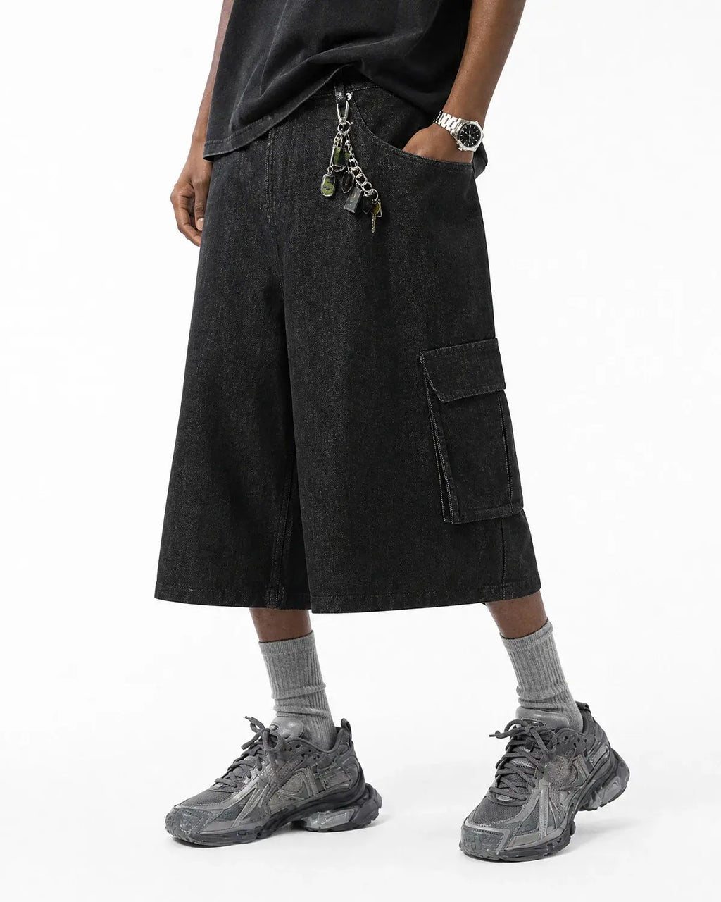 Black Cargo Longline Jorts | Flation Streetwear