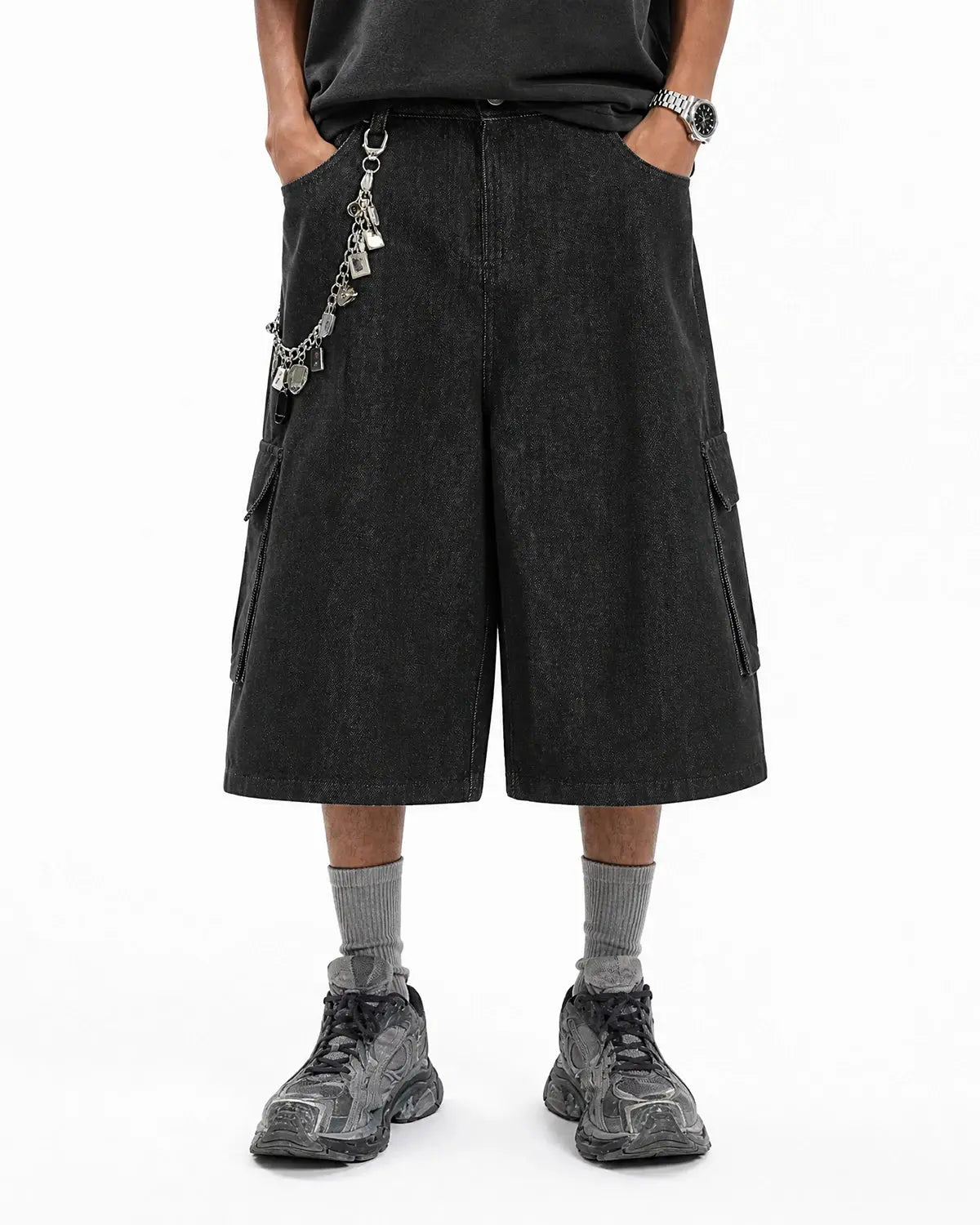 Black Cargo Longline Jorts | Flation Streetwear