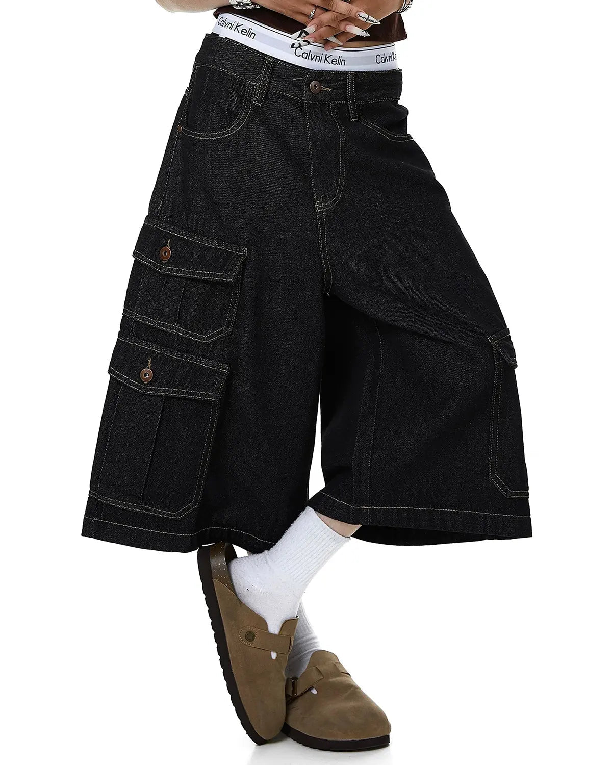 Raw Denim Longline Cargo Jorts | Flation Streetwear