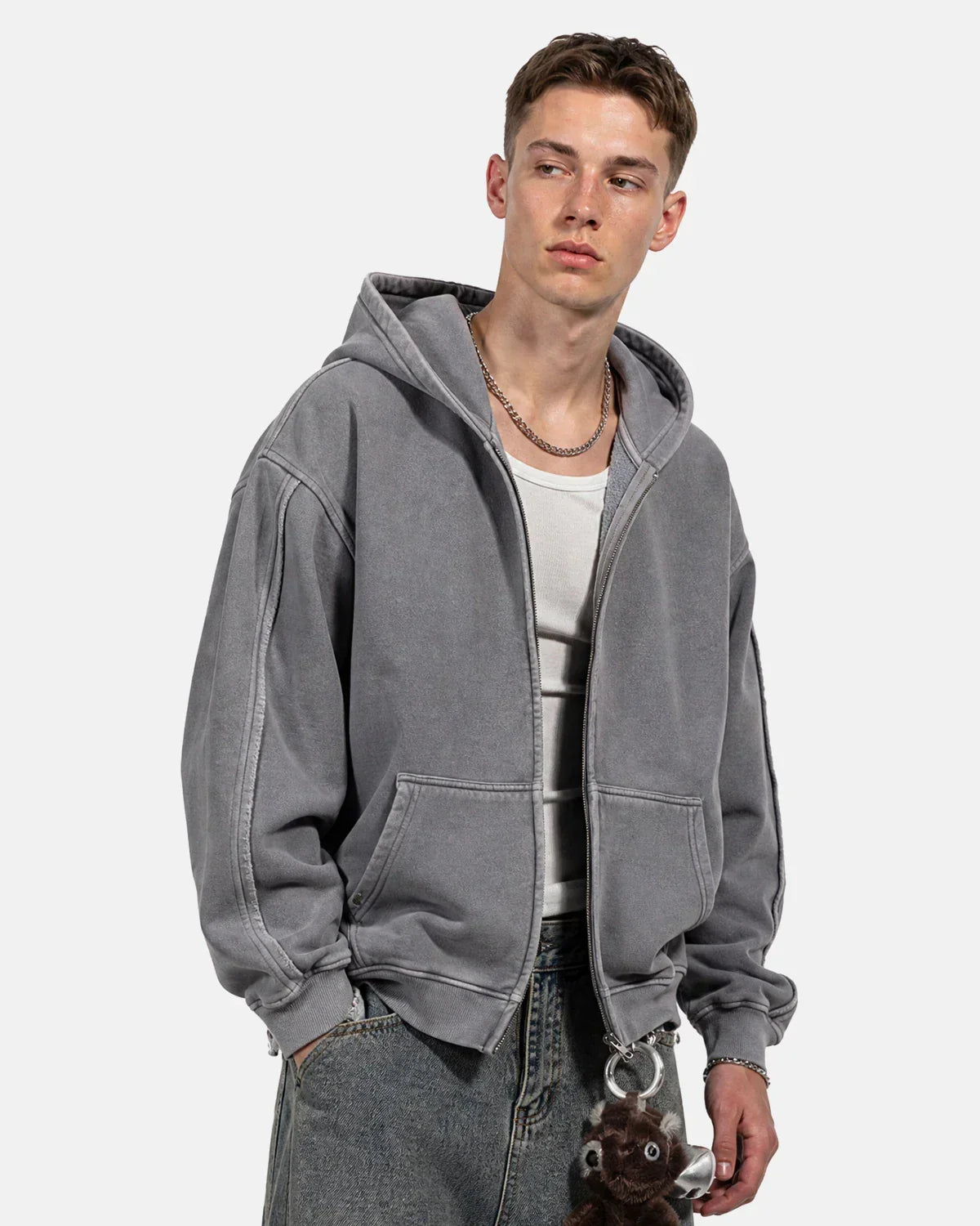 Washed Raw Edge Boxy Zip Up Hoodie | Flation Streetwear