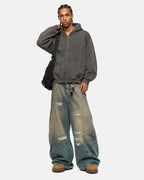 Washed Raw Edge Boxy Zip Up Hoodie | Flation Streetwear