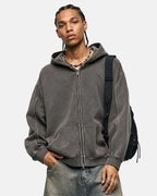 Washed Raw Edge Boxy Zip Up Hoodie | Flation Streetwear