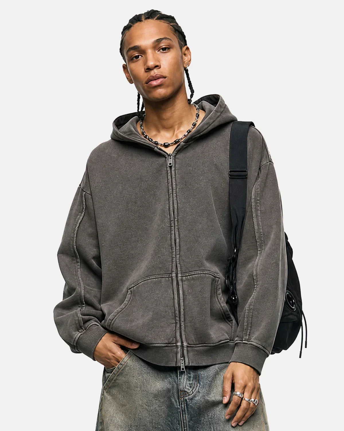 Washed Raw Edge Boxy Zip Up Hoodie | Flation Streetwear