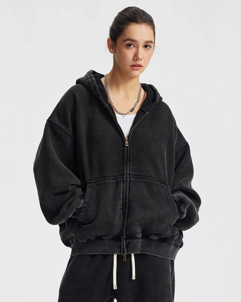 Boxy Fit Acid Washed Fleece Zip Up Hoodies | Flation Streetwear