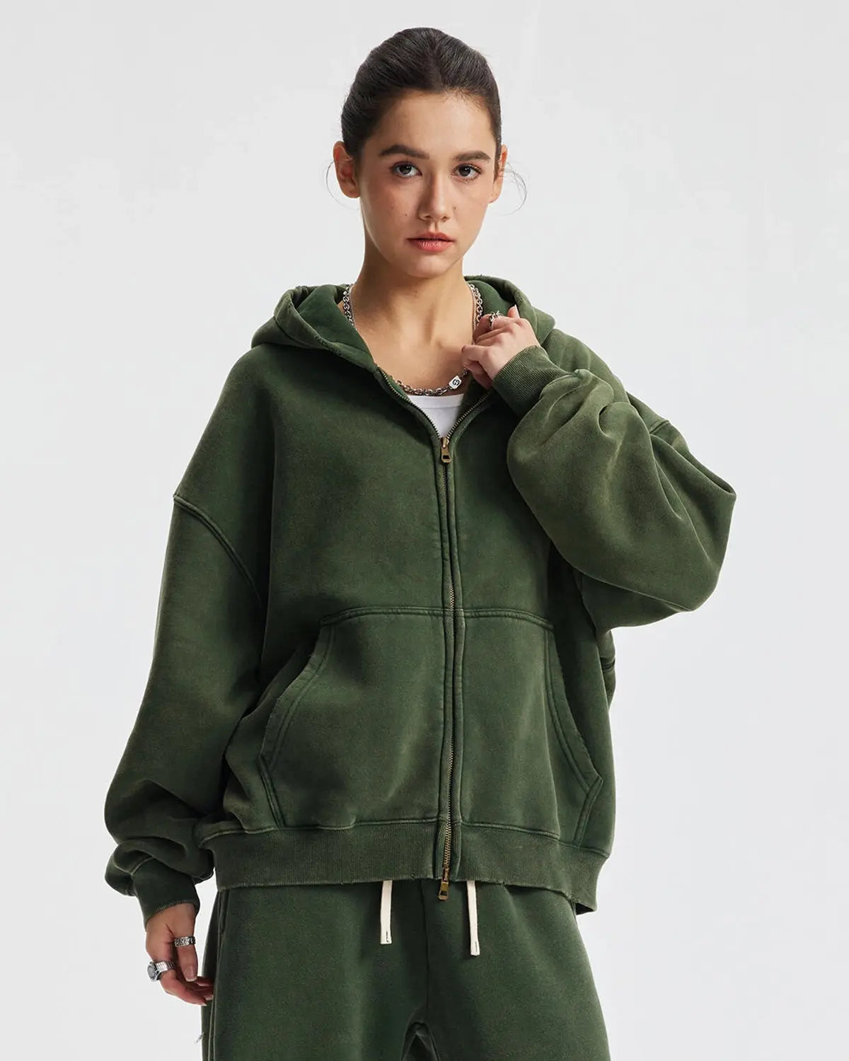 Boxy Fit Acid Washed Fleece Zip Up Hoodies | Flation Streetwear