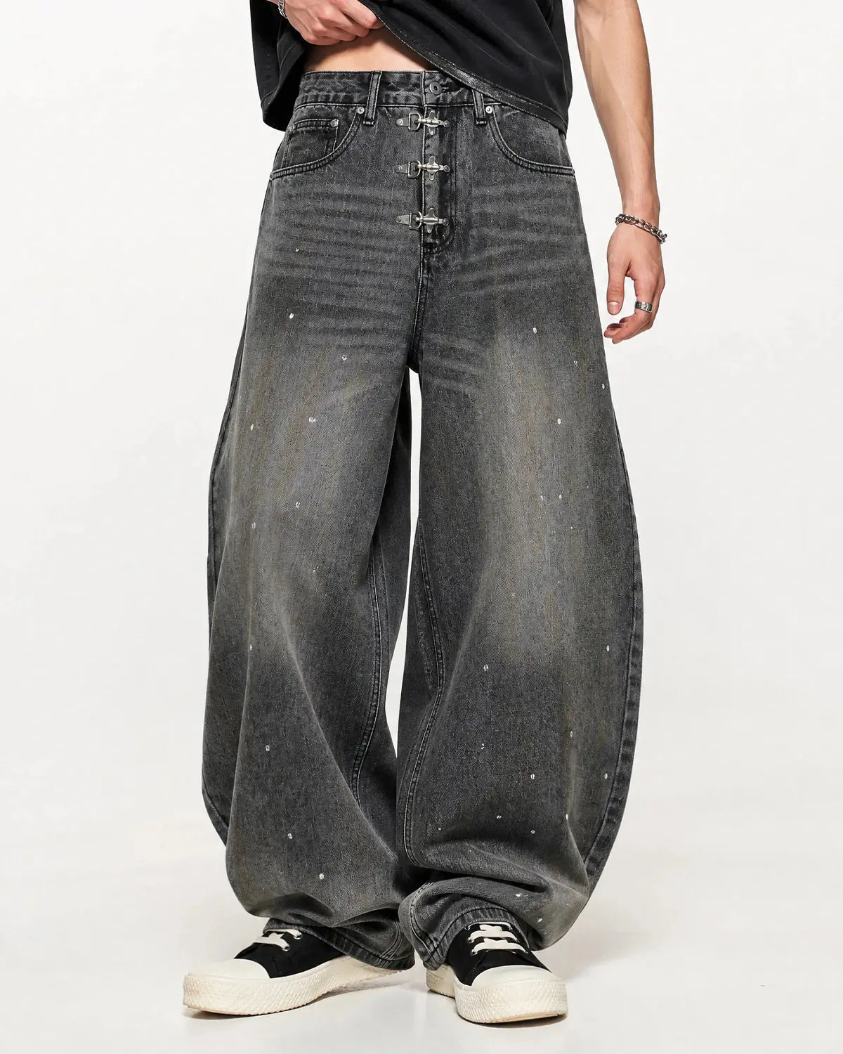 Metal Clasp Washed Barrel Jeans | Flation Streetwear