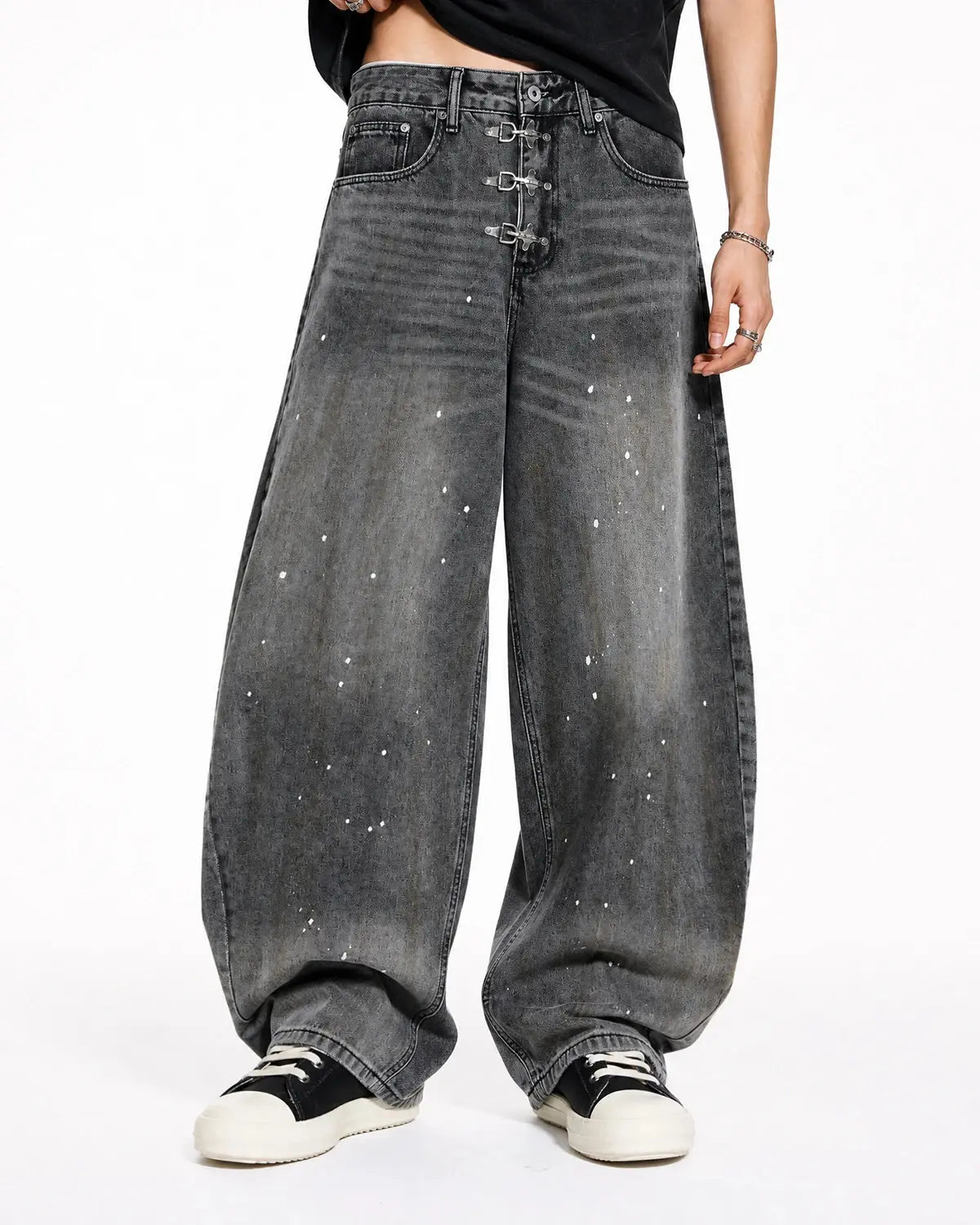 Metal Clasp Washed Barrel Jeans | Flation Streetwear
