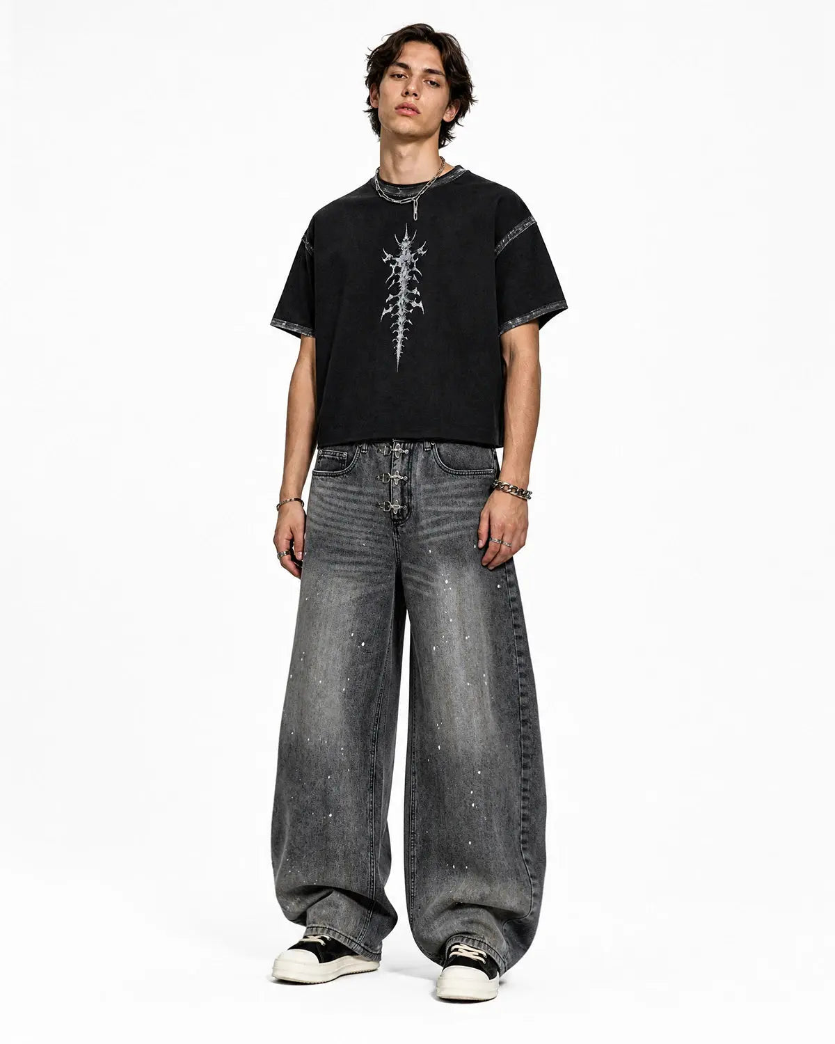 Metal Clasp Washed Barrel Jeans | Flation Streetwear