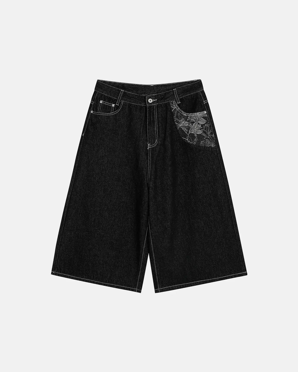 Baggy Denim Jorts with Embroidered Pocket | Flation Streetwear