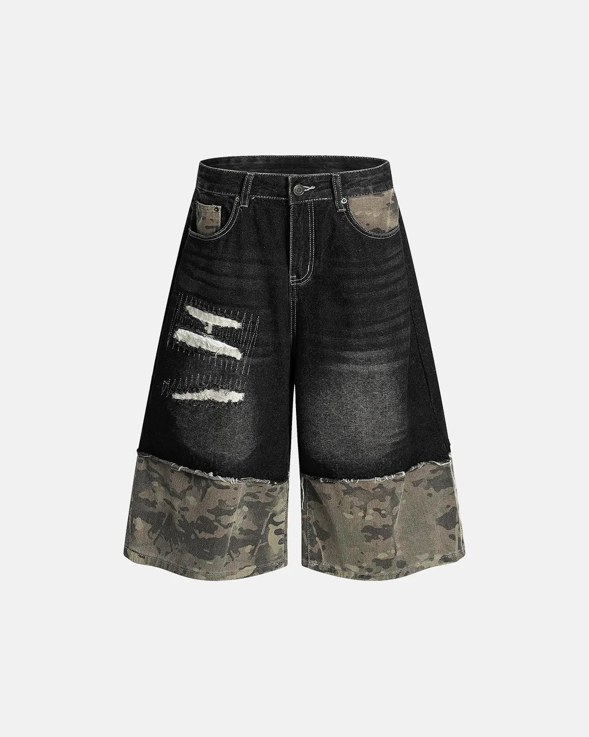 Camo Patchwork Washed Denim Jorts | Flation Streetwear