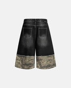 Camo Patchwork Washed Denim Jorts | Flation Streetwear