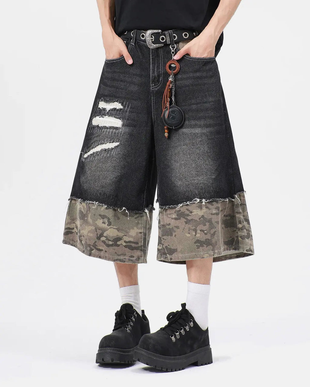 Camo Patchwork Washed Denim Jorts | Flation Streetwear