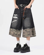 Camo Patchwork Washed Denim Jorts | Flation Streetwear