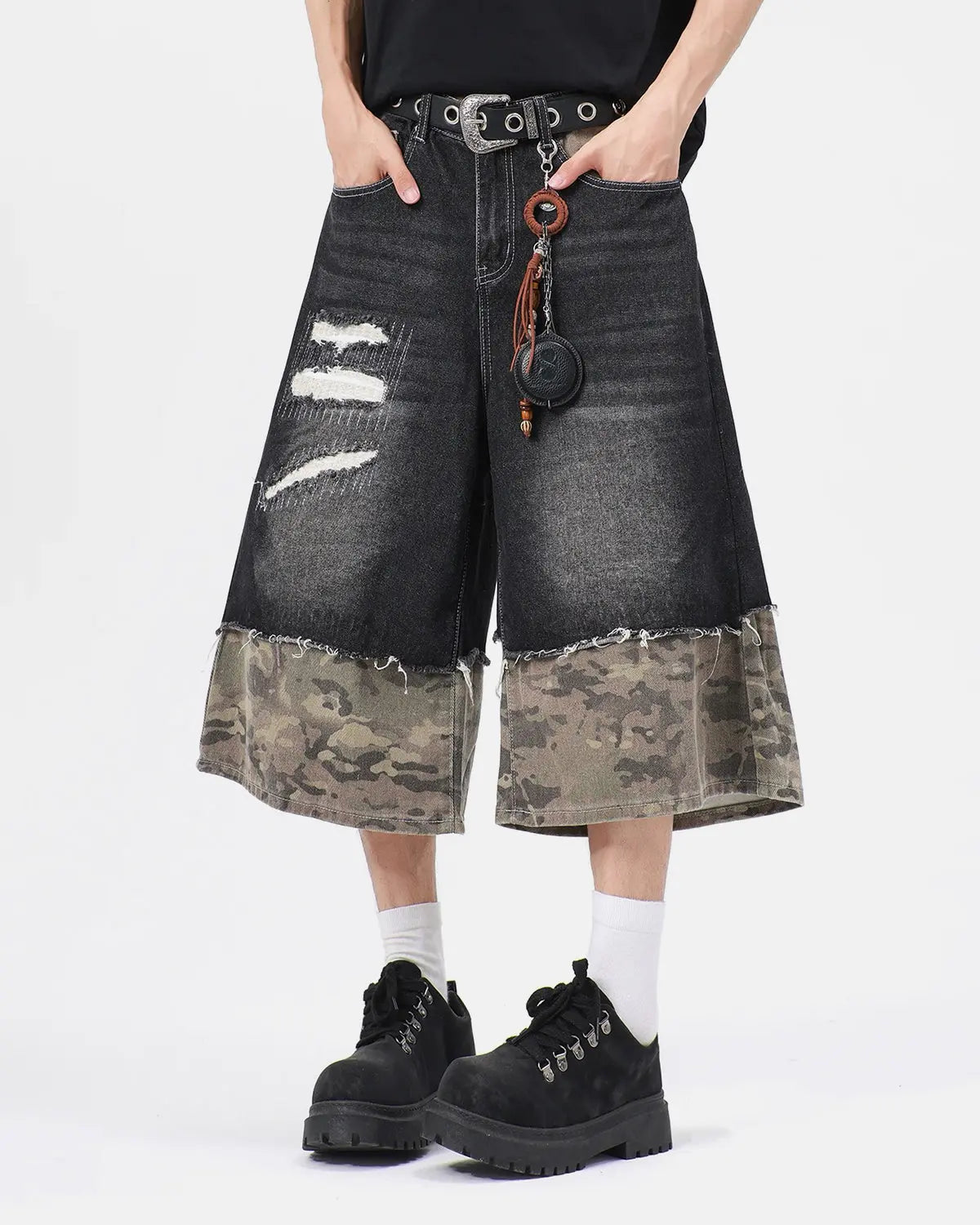 Camo Patchwork Washed Denim Jorts | Flation Streetwear
