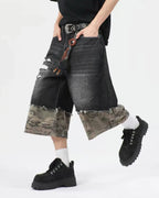 Camo Patchwork Washed Denim Jorts | Flation Streetwear