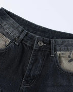 Camo Patchwork Washed Denim Jorts | Flation Streetwear