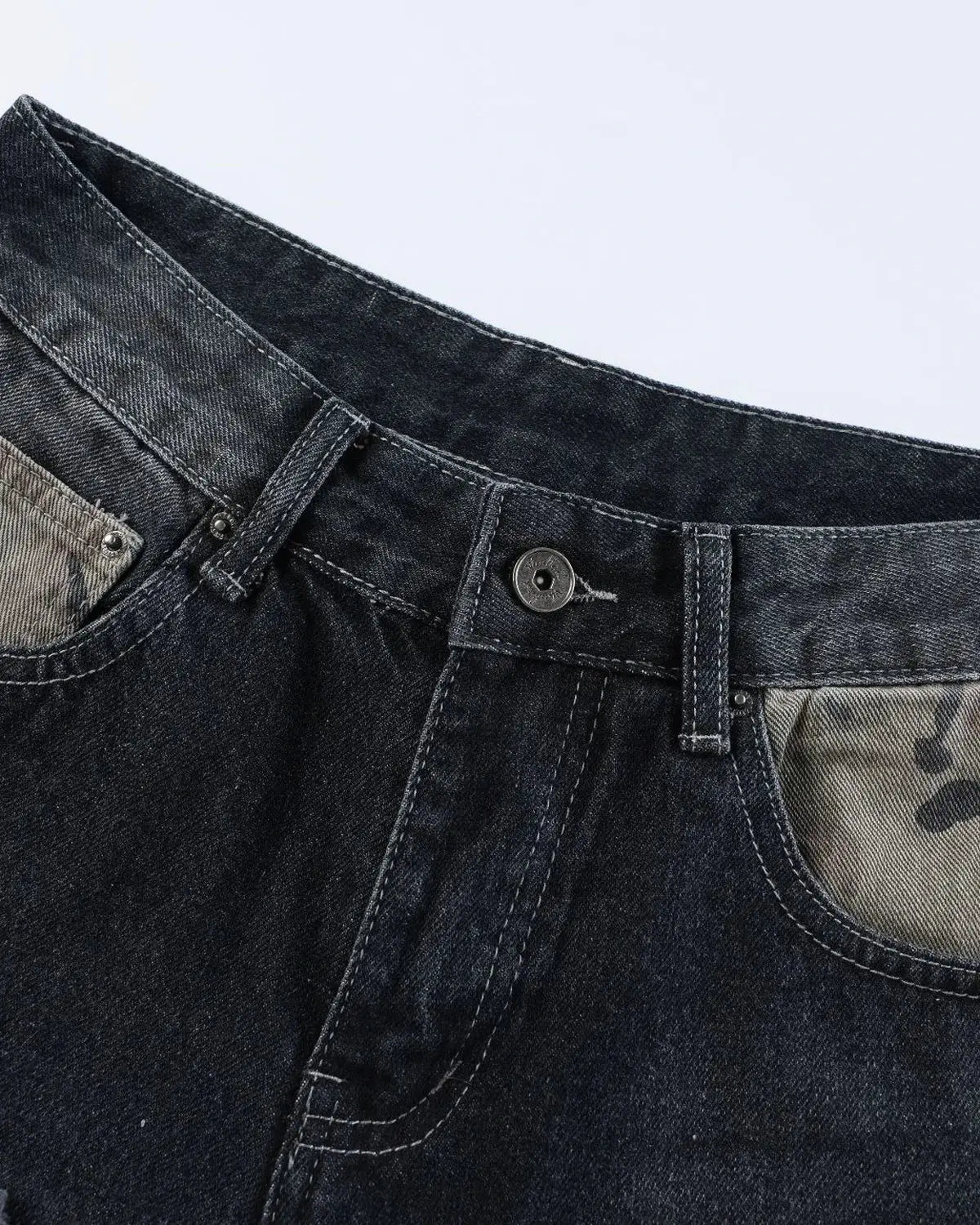 Camo Patchwork Washed Denim Jorts | Flation Streetwear