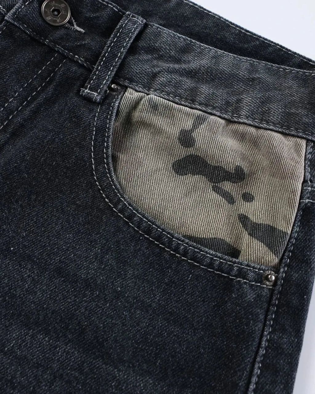 Camo Patchwork Washed Denim Jorts | Flation Streetwear