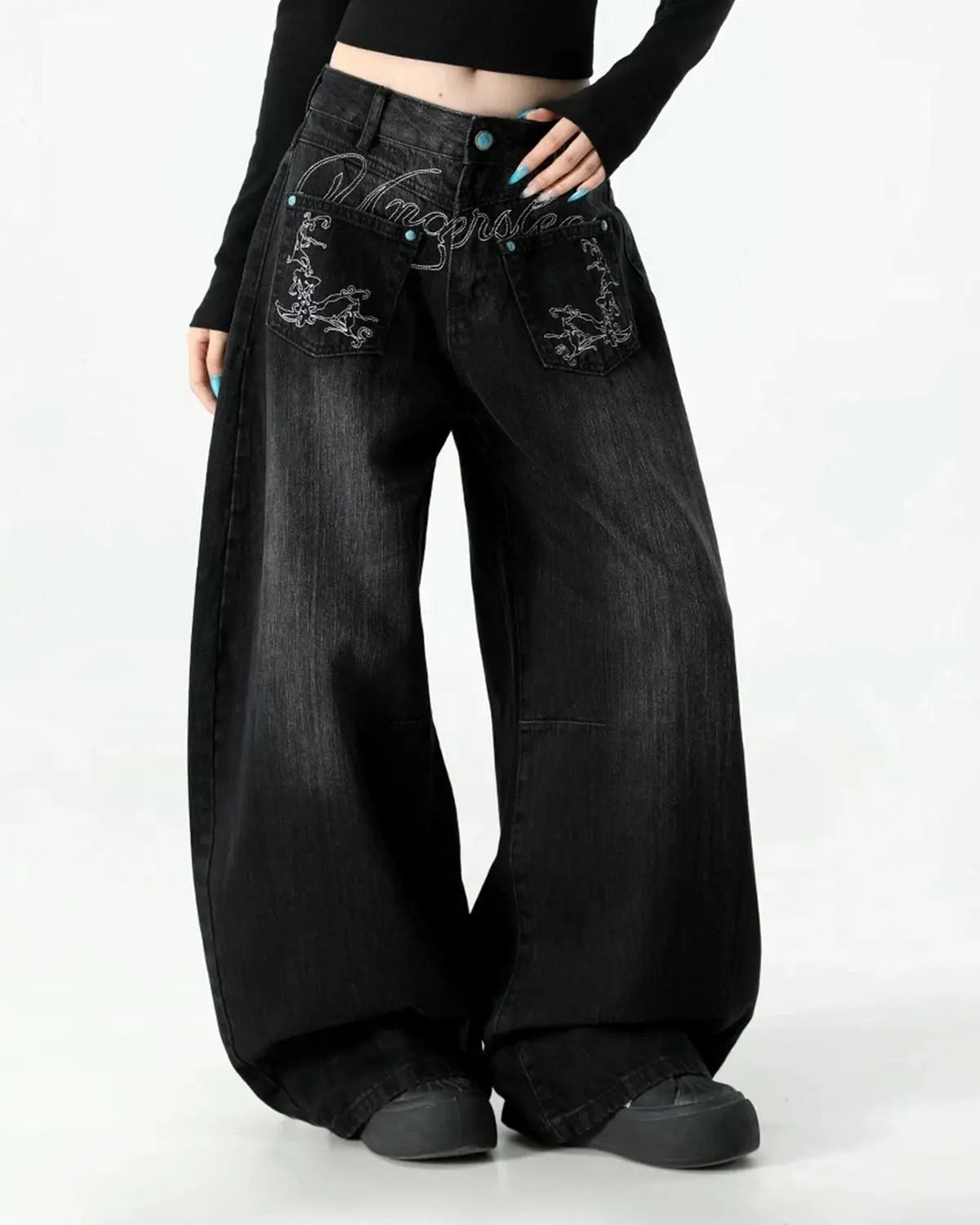 Graphic Embroidered Washed Barrel Jeans | Flation Streetwear