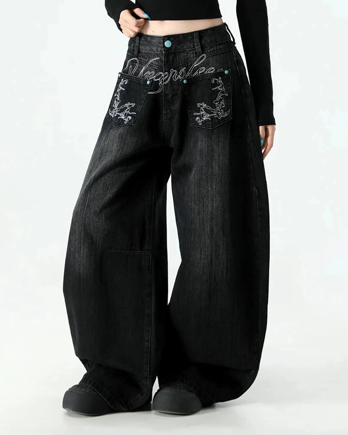 Graphic Embroidered Washed Barrel Jeans | Flation Streetwear