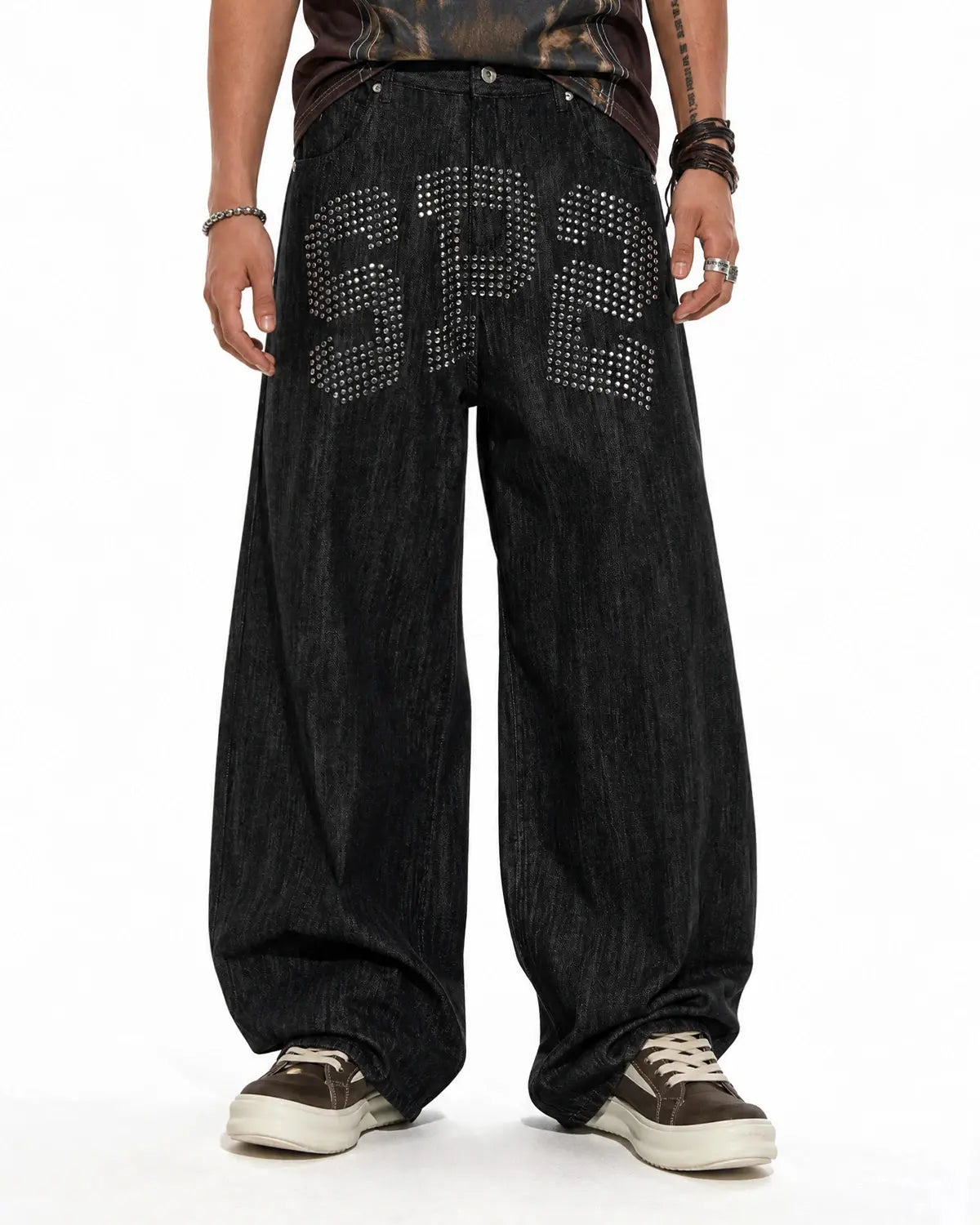 Rhinestone Number Wide Leg Jeans | Flation Streetwear