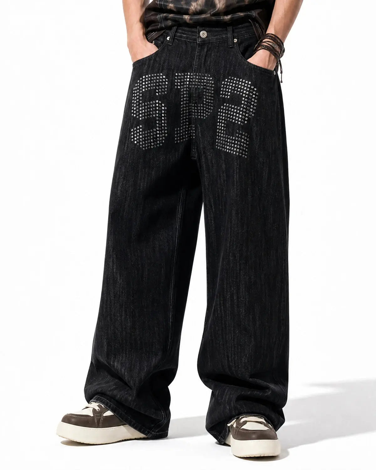 Rhinestone Number Wide Leg Jeans | Flation Streetwear