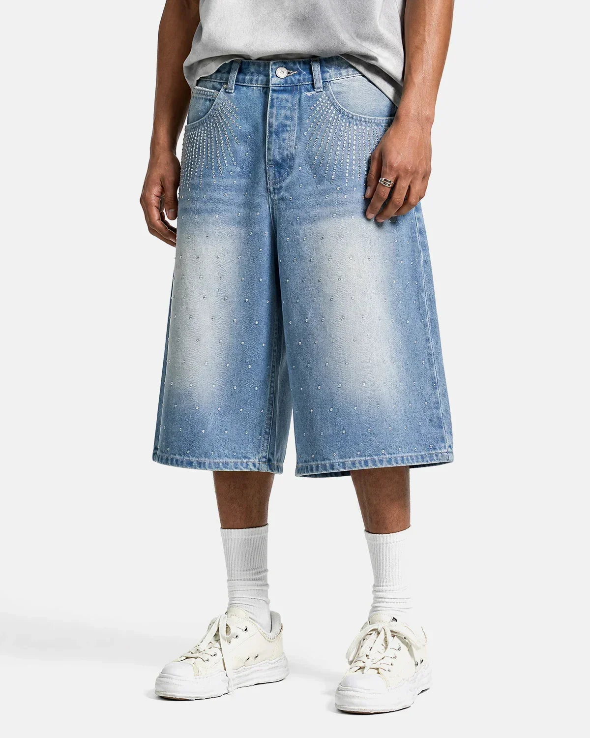 Blue Rhinestone Baggy Jeans Shorts | Flation Streetwear