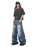 Cinch Back Deconstructed Distressed Barrel Jeans | Flation Streetwear