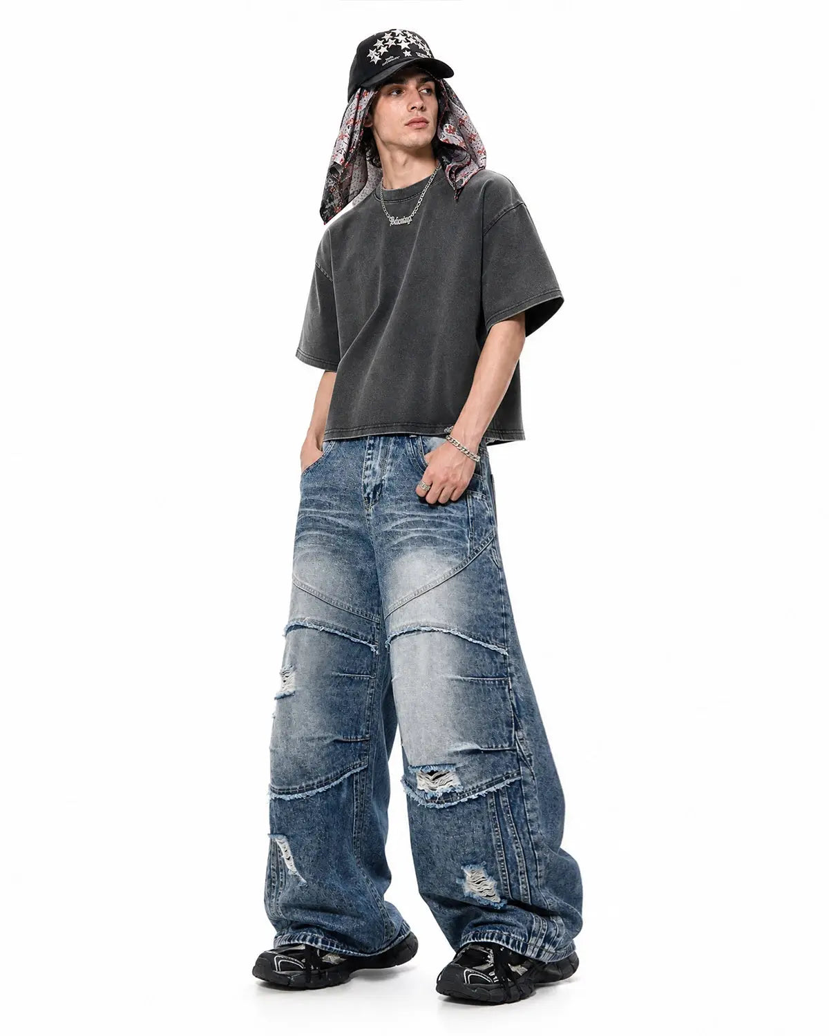 Cinch Back Deconstructed Distressed Barrel Jeans | Flation Streetwear