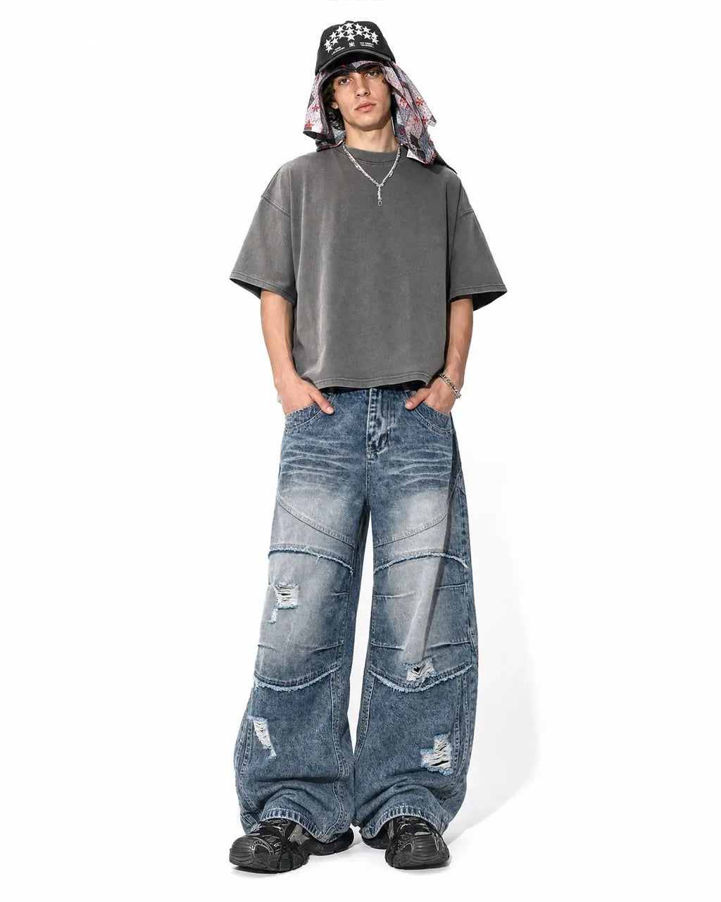 Cinch Back Deconstructed Distressed Barrel Jeans | Flation Streetwear