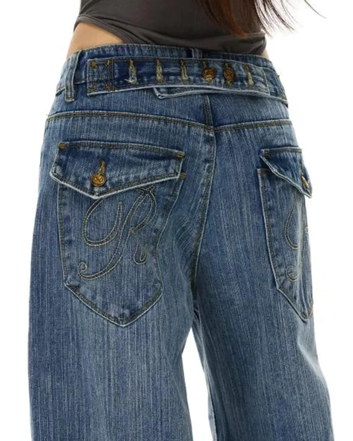 Cinch Back Washed Bamboo Weave Baggy Jeans | Flation Streetwear