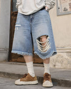 Distressed Baggy Jorts with Adjustable Waist Tabs | Flation Streetwear