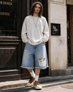 Distressed Baggy Jorts with Adjustable Waist Tabs | Flation Streetwear